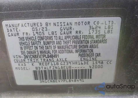 2023 Nissan Versa 1.6 Sv Xtronic Cvt z USA, uszkodzony, nr VIN 3N1CN8EV7PL848491